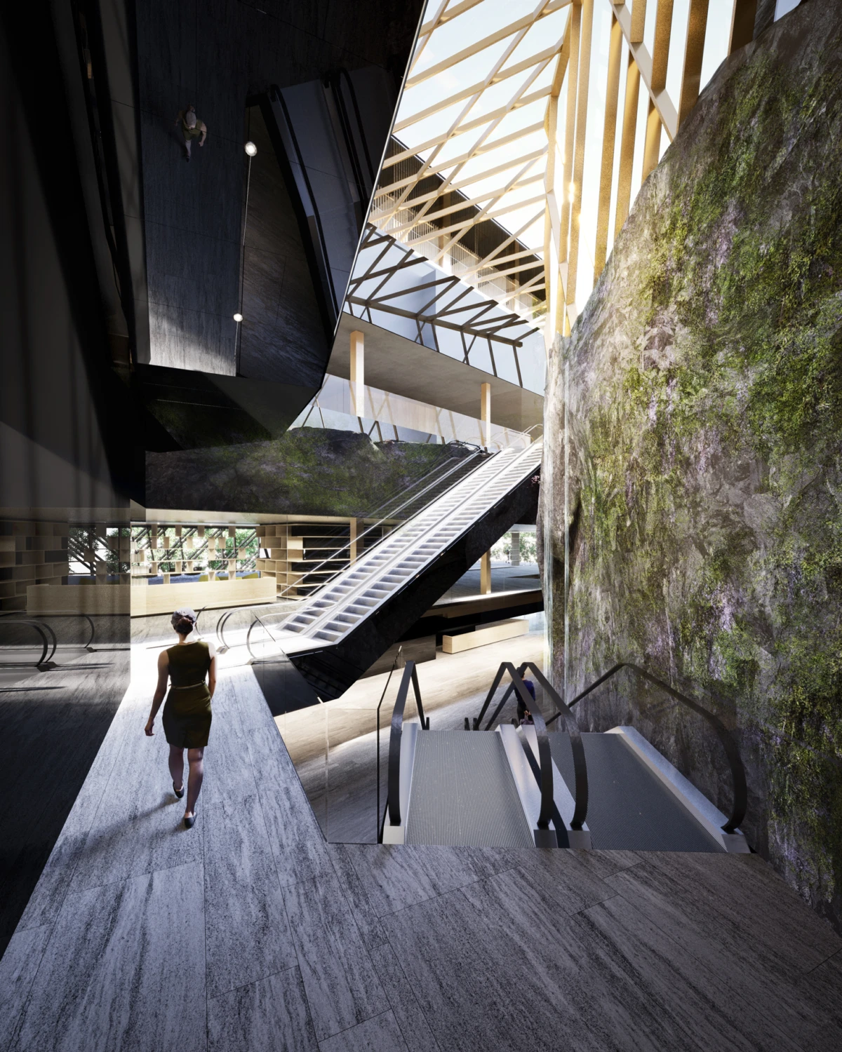 Person walking along a wooden floor in a modern architectural atrium with an escalator, stairs, and a moss-covered rock wall.