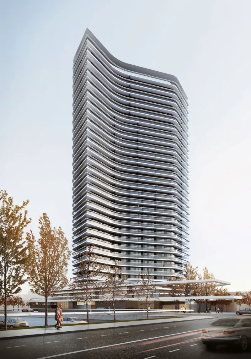 Futuristic high-rise apartment tower with stacked curved balconies; street level with trees, pedestrians, and vehicles.