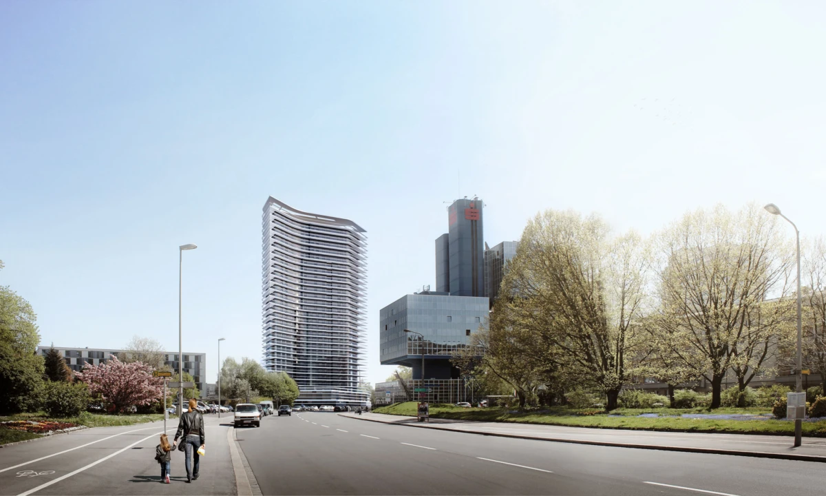 Curved white residential tower on a wide city avenue; pedestrians with a child on the sidewalk, spring trees and a modern office building.