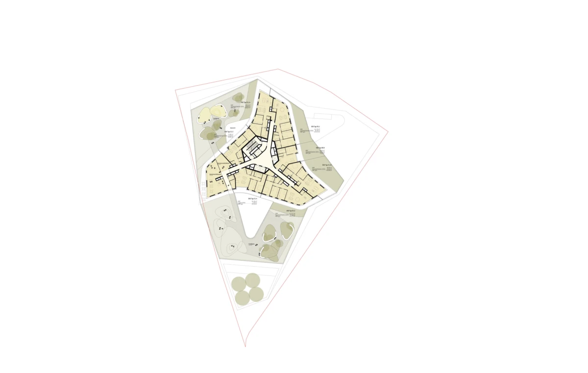 Architectural site plan on a triangular plot: central beige building complex with internal roads and surrounding landscaped areas and trees.