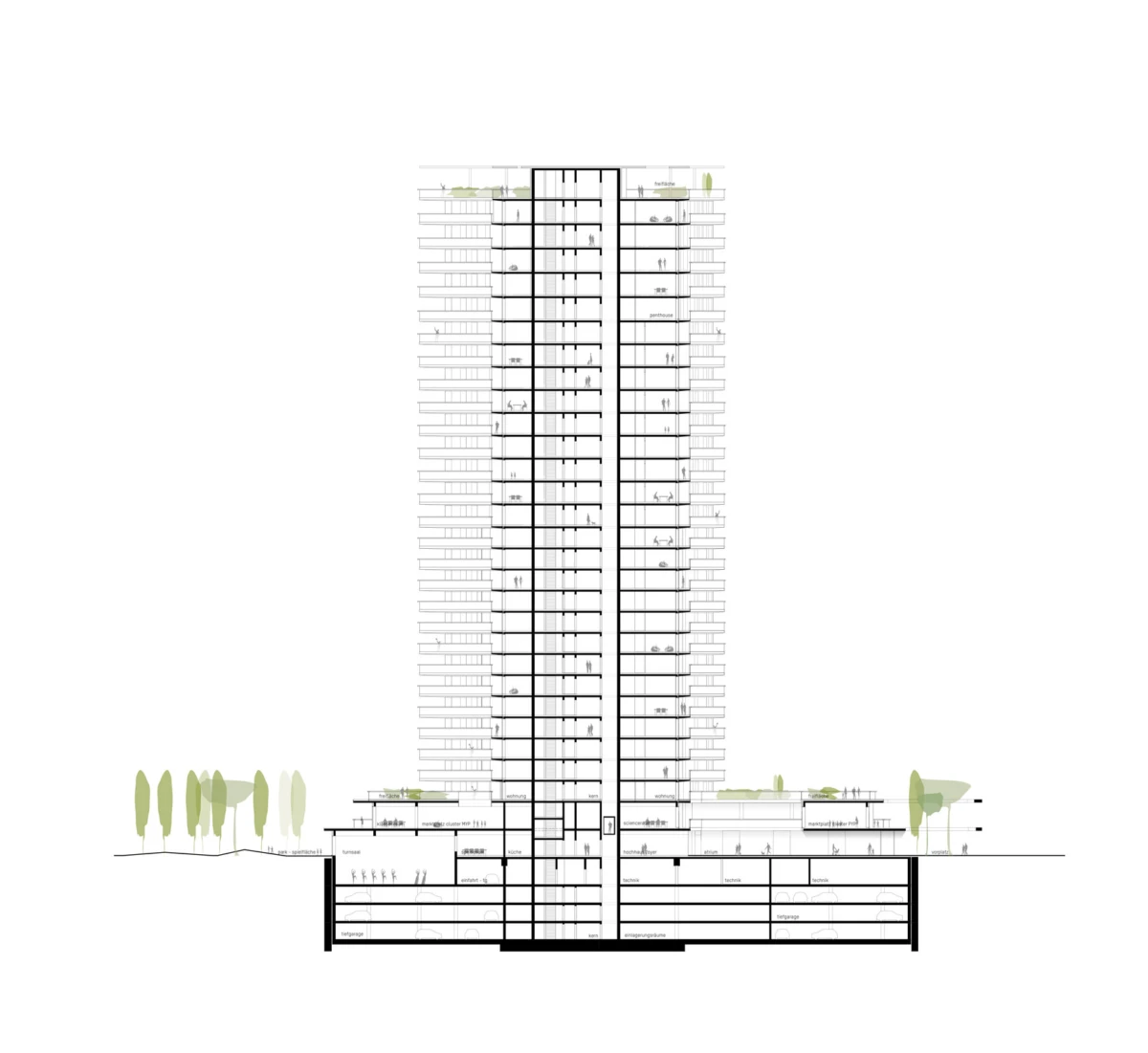 Section view of a tall residential/office tower on a podium, showing underground levels, central core, and surrounding landscaping.
