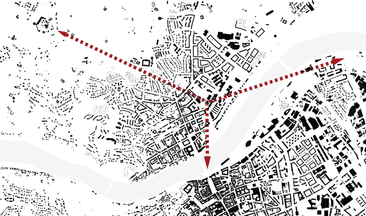 Stylized city map with dense black buildings and pale river; three red dashed arrows converge at a central junction, with a downward arrow.