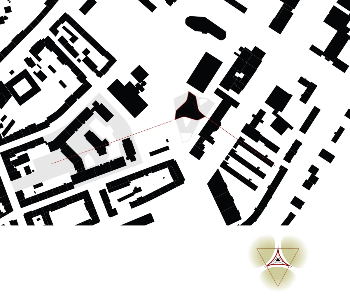 Abstract city map with black building footprints; red dashed route links two highlighted blocks; glowing triangle emblem bottom-right.