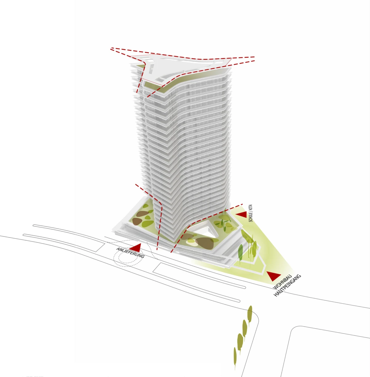 High-rise residential tower on a landscaped podium with dashed red lines indicating delivery and main entrance routes.