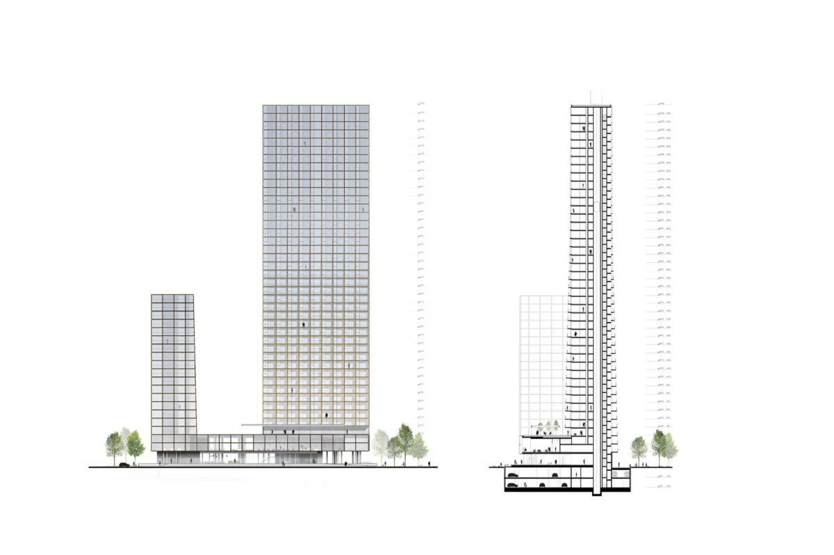 Architectural elevation and cross-section of two glass high-rise buildings with a shared podium.