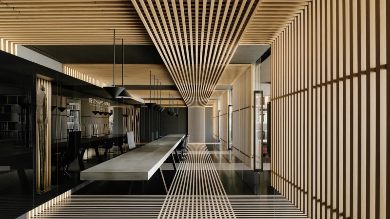 Long conference table with chairs in a glass-walled meeting room, wood slat ceiling and walls, pendant lights.