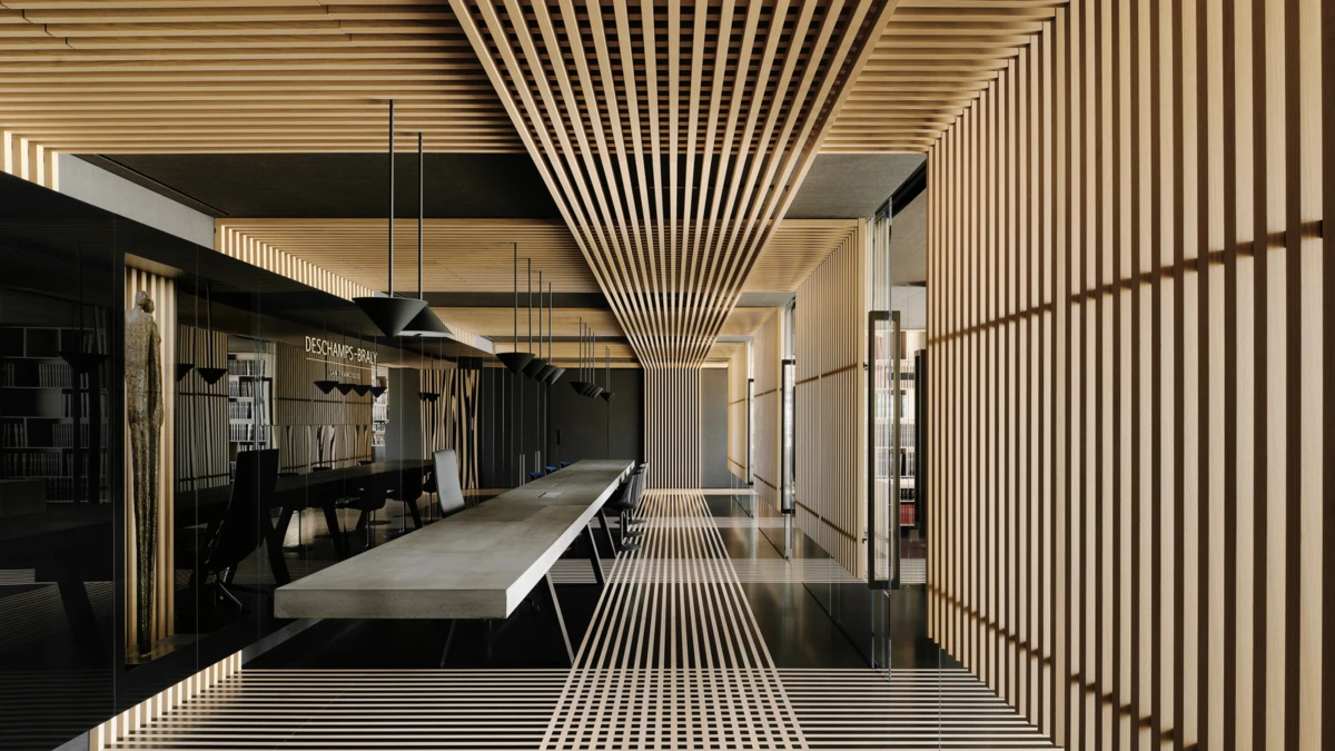 Long conference table with chairs in a glass-walled meeting room, wood slat ceiling and walls, pendant lights.