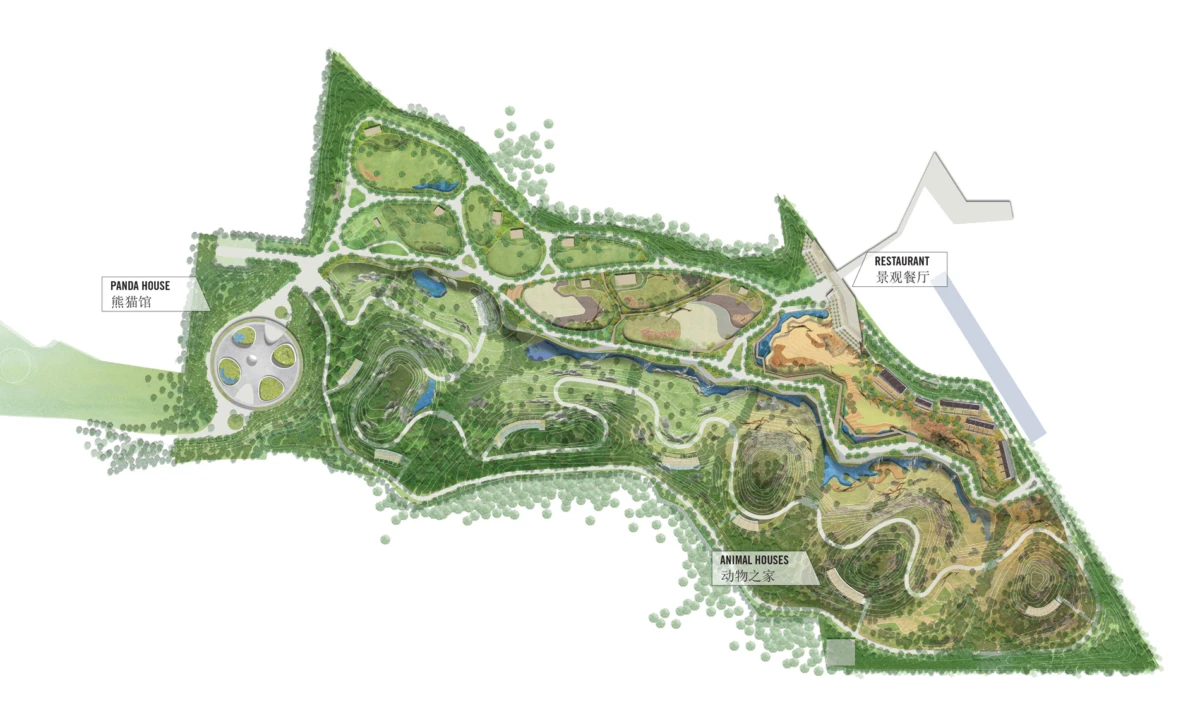 Detailed aerial map of a zoo park showing Panda House, Animal Houses, and a Restaurant with winding trails through dense greenery.