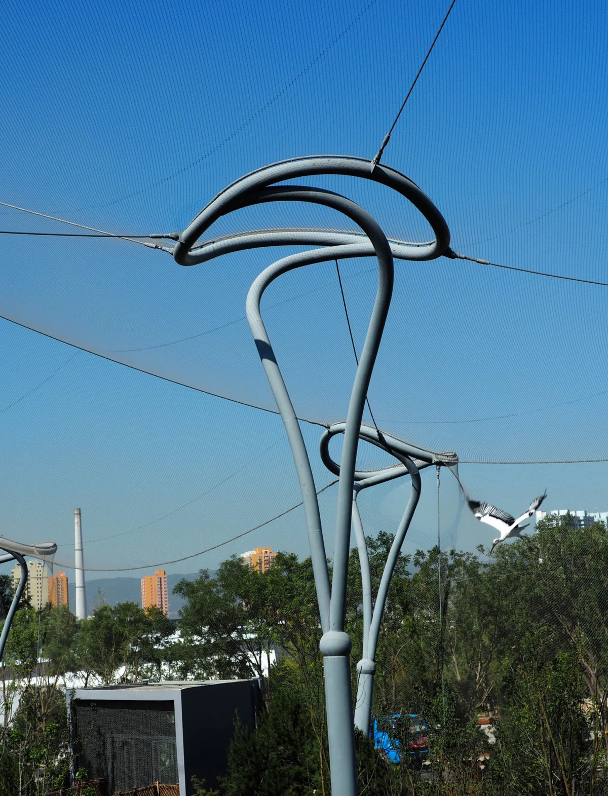 Grey steel tubular structure with looped arches and overhead netting in an outdoor urban area; distant trees and buildings.