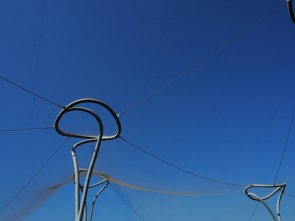 Abstract arrangement of looped steel tubes and tension cables against a clear blue sky.