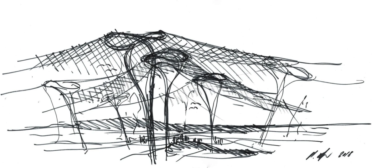 Abstract line drawing of palm trees along a road toward distant hills on a coastal landscape.