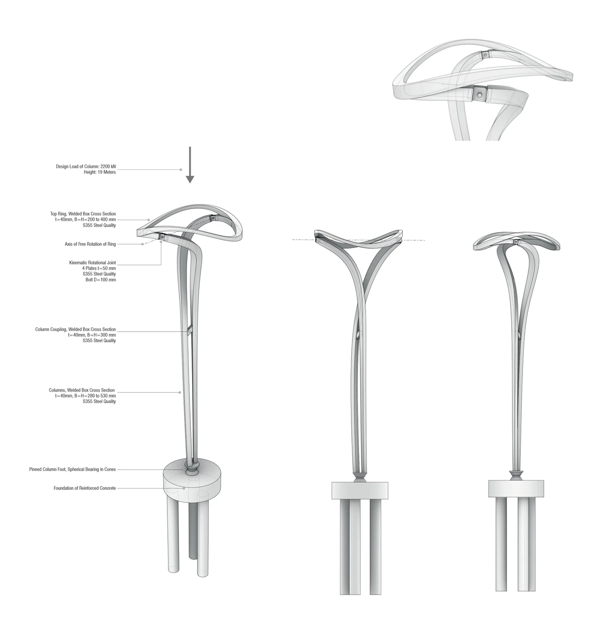 Engineering blueprint of a tall column assembly with a curved upper joint and base footing, shown from side and front elevations.