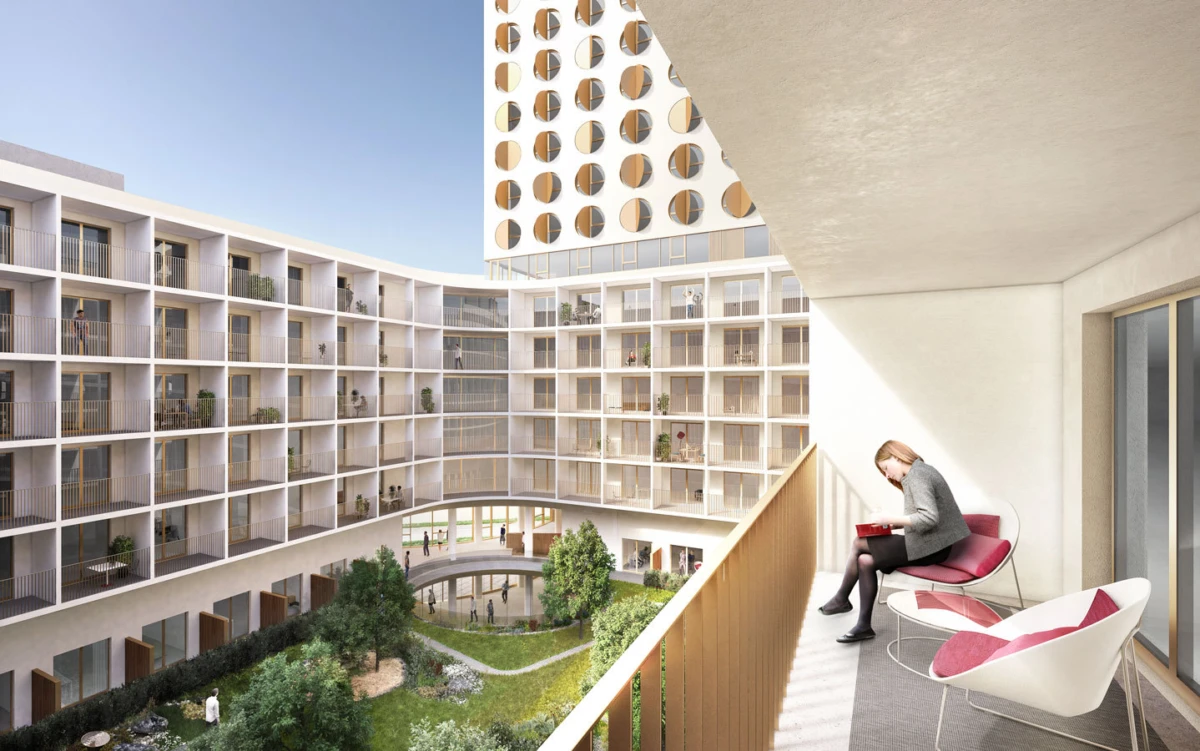 Modern residential courtyard with curved white apartment blocks; a person sits on a balcony reading a red book overlooking greenery.