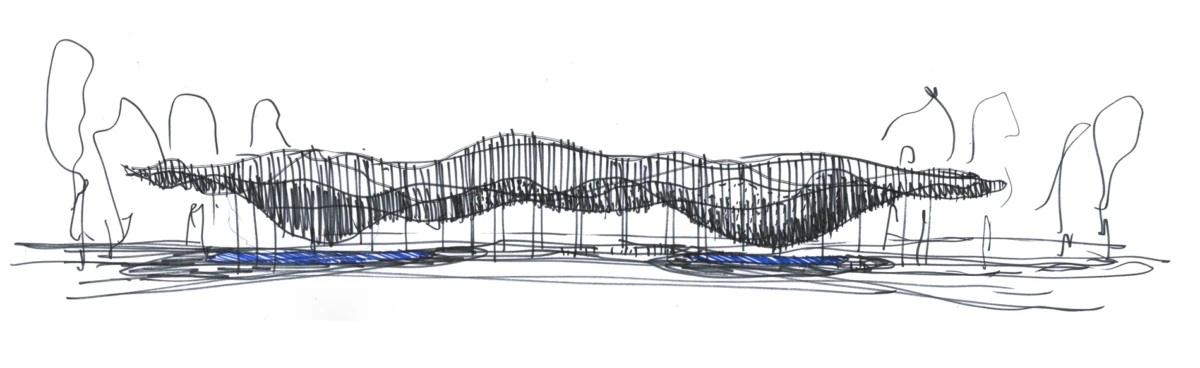 Sketch of a wavy bridge spanning a river, with abstract trees on both banks.