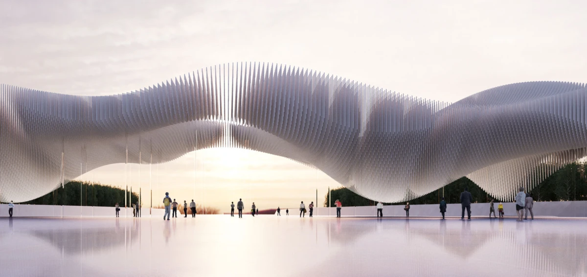 Wave-like arch of vertical fins forms a suspended sculpture over a reflective pool; people walk and stand nearby in a public plaza at sunset.