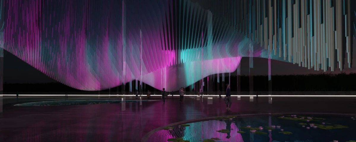 Nighttime LED-tube light installation forms a colorful wave over a reflecting pool; visitors walk beneath.
