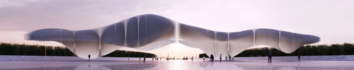 Undulating white pavilion with wave-like canopy on a reflective plaza; people strolling at dusk.
