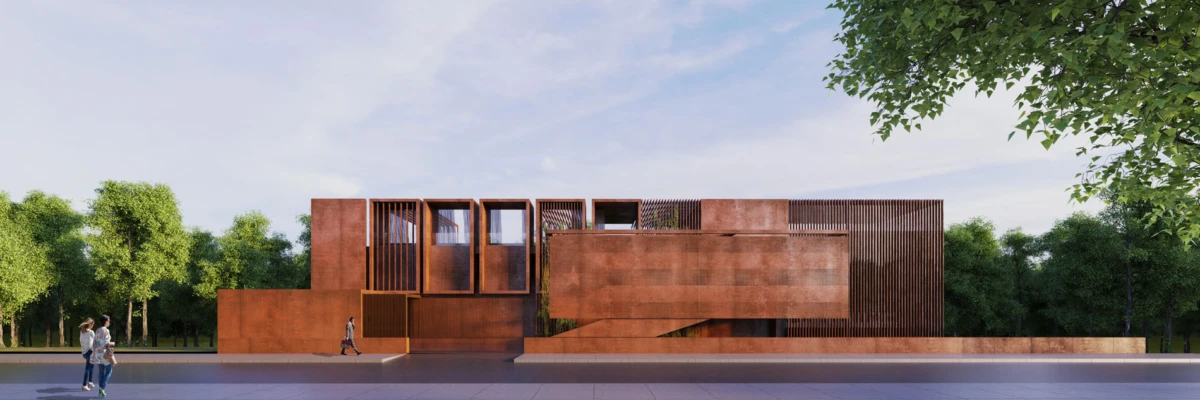 Rust-colored modern building with stacked rectangular blocks and slatted facade; trees flank a plaza as pedestrians walk.