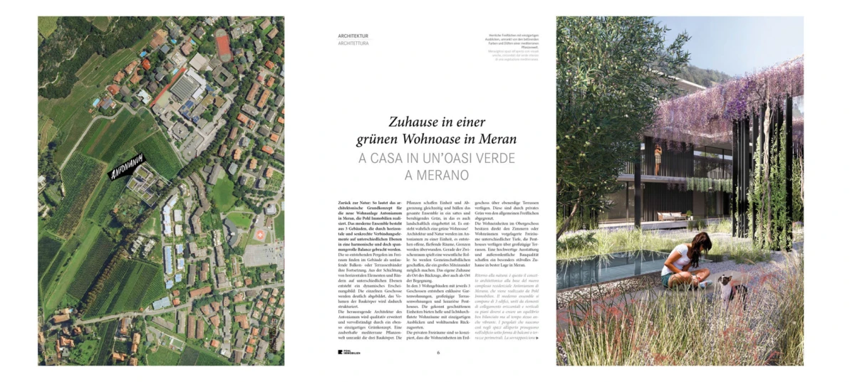 Three-panel magazine spread: aerial village and vineyards; center article; right modern garden with purple wisteria and a woman near water.