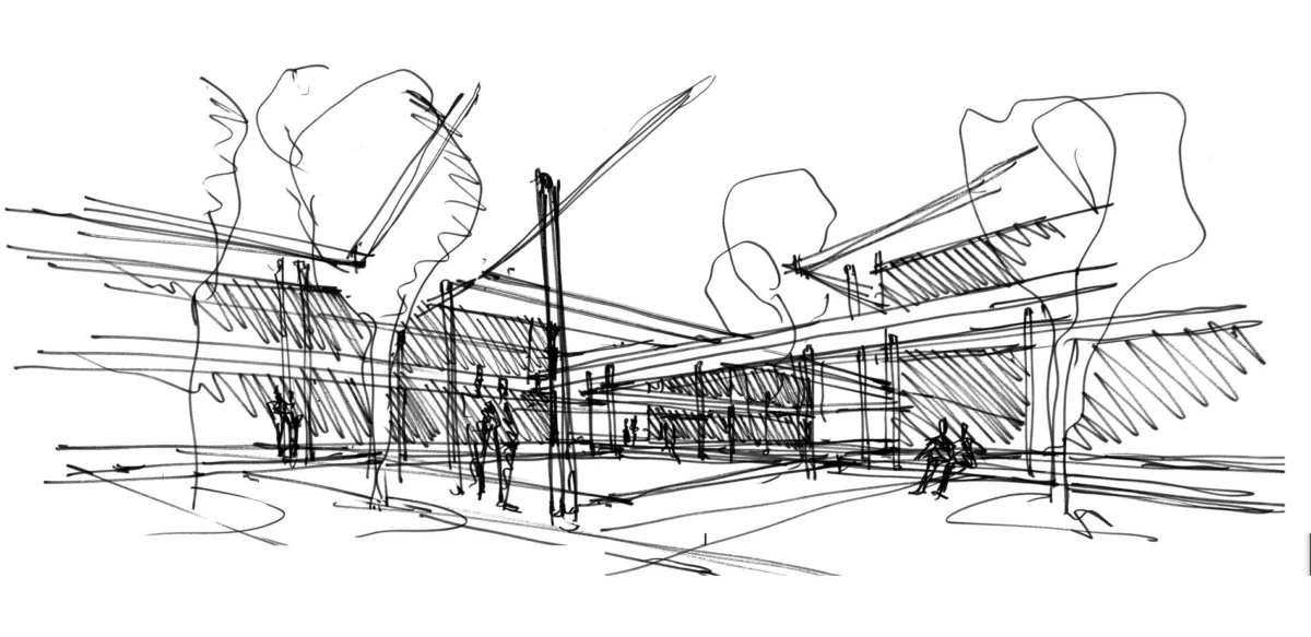Architectural sketch of a modern urban building with glass facade, along a street with pedestrians and trees.