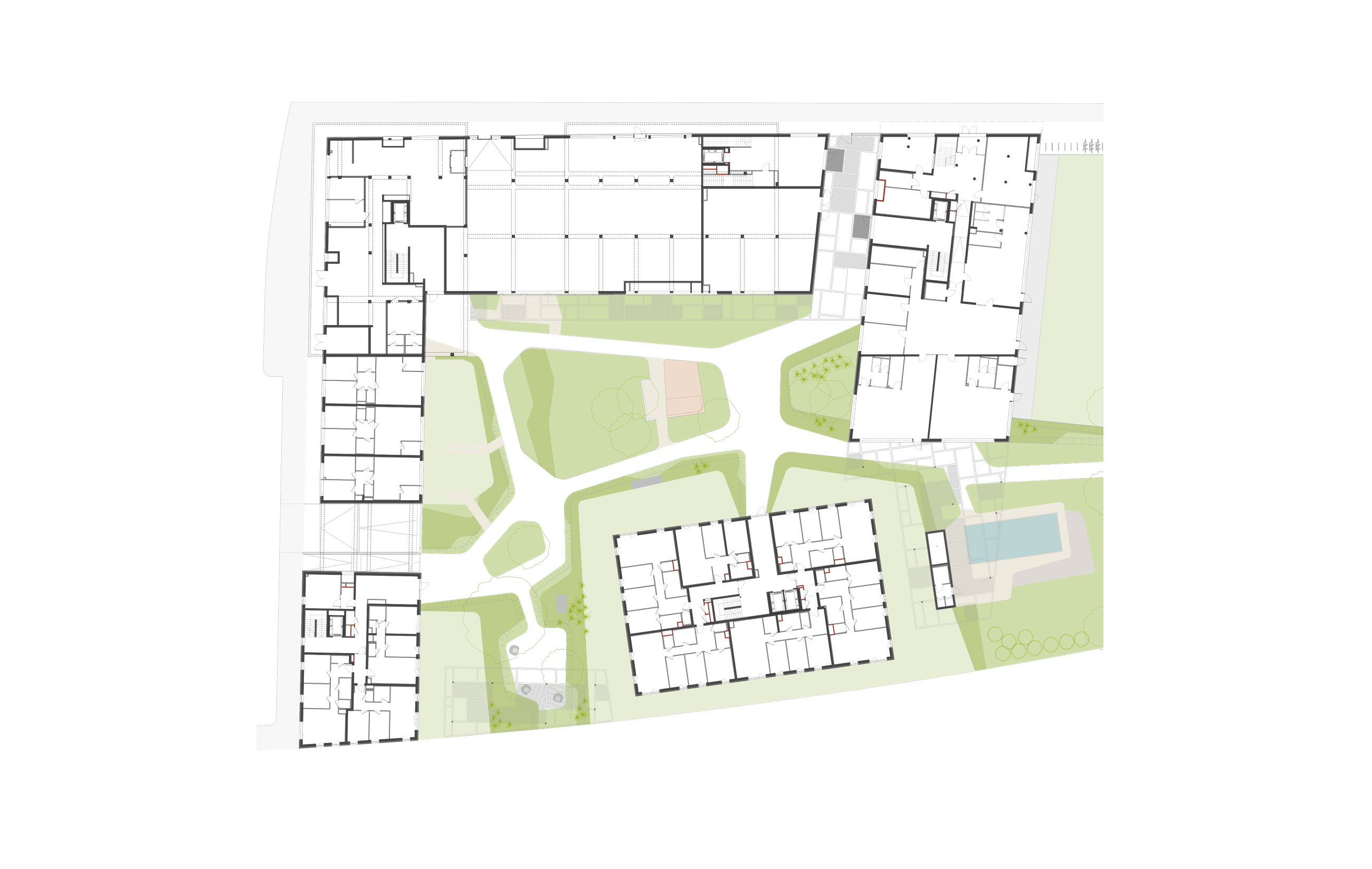 Aerial plan detailing a building complex with a central green courtyard and interconnecting walkways.