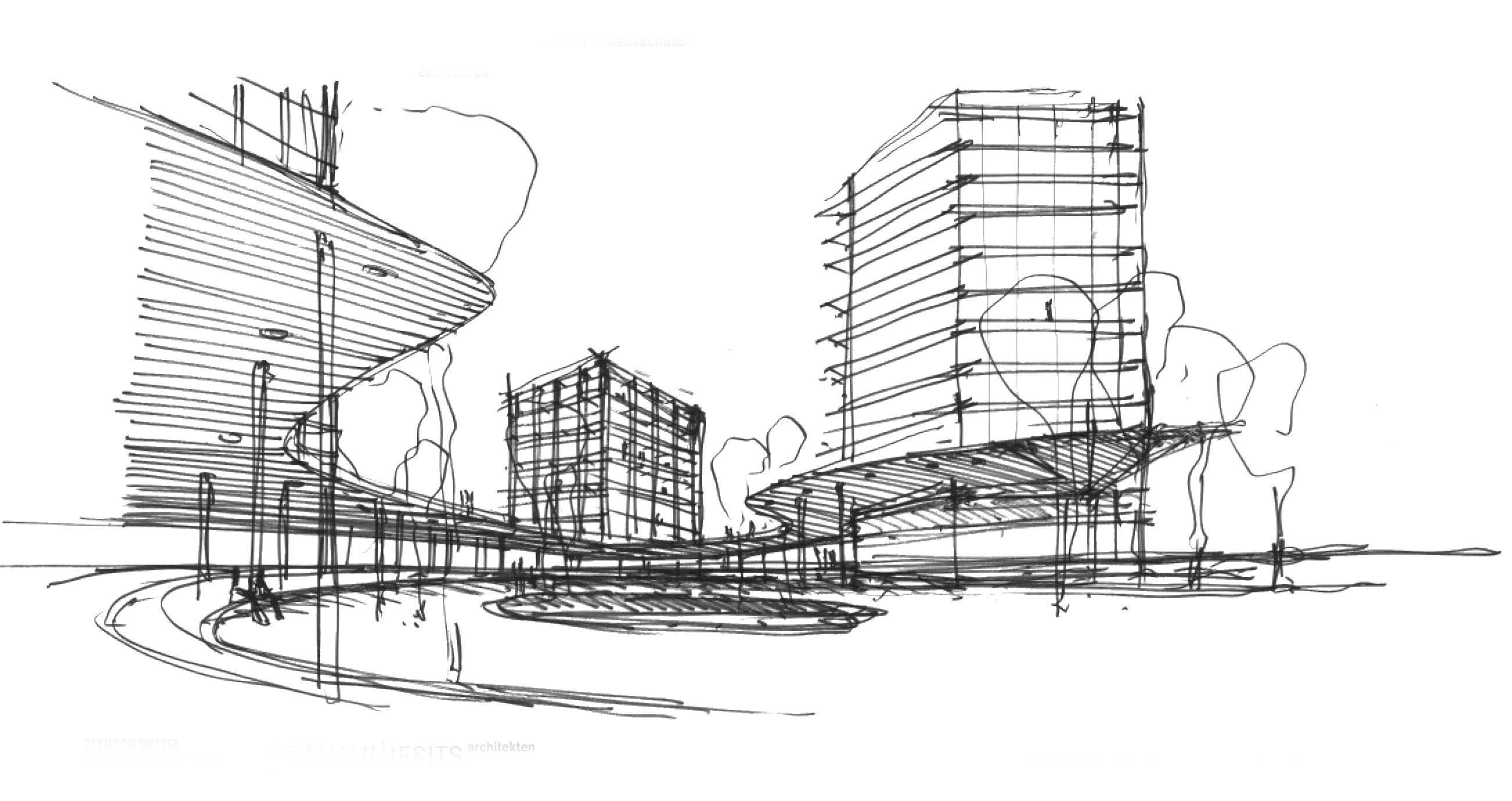 Architectural sketch of a modern cityscape showing a tall right building, a smaller center block, and a curved street.
