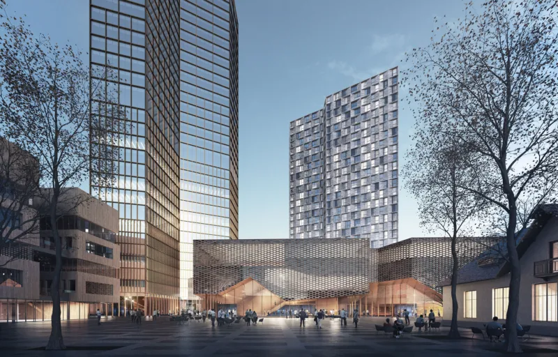 City plaza between tall glass office towers; a perforated low-rise pavilion at center; people gather and stroll at dusk.