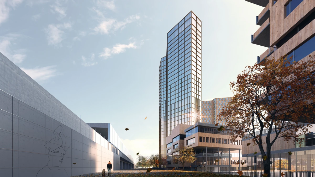 Glass-clad high-rise tower dominates a modern city plaza; a pedestrian walks along a walkway beside autumn trees.