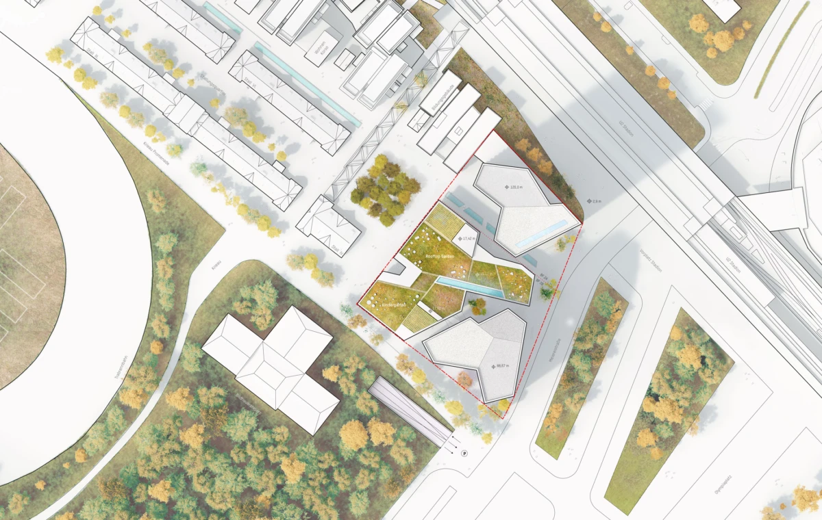 Top-down site plan of a mixed-use development; red-outlined parcel with angular buildings, surrounded by roads, rail line, and green spaces.