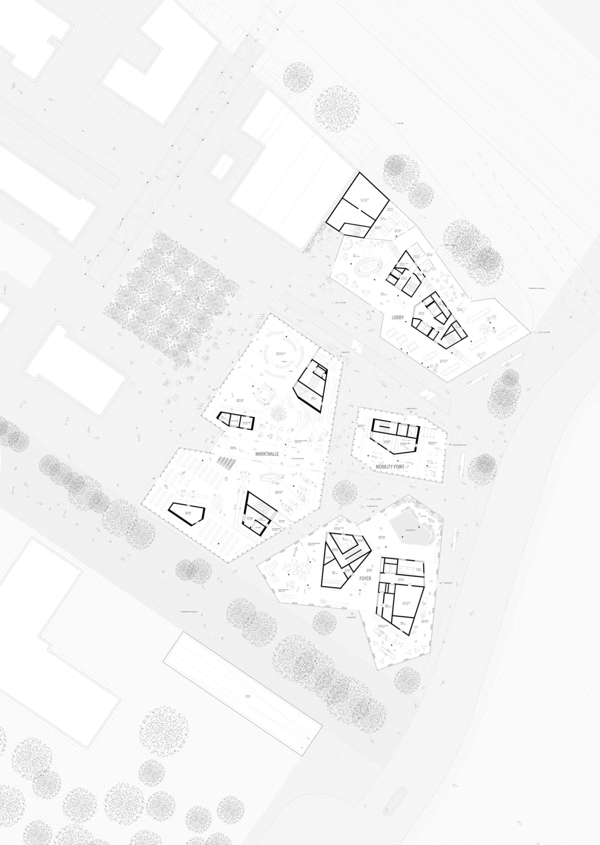 Site plan showing several angular pavilion buildings clustered on a landscaped campus with trees, paths, and surrounding roads.