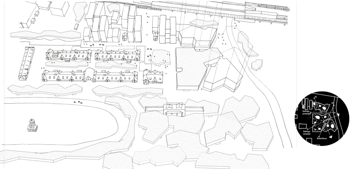 Architectural site plan: pond with a statue on a pedestal, rows of townhouses, irregular blocks, roads, and a circular inset map.