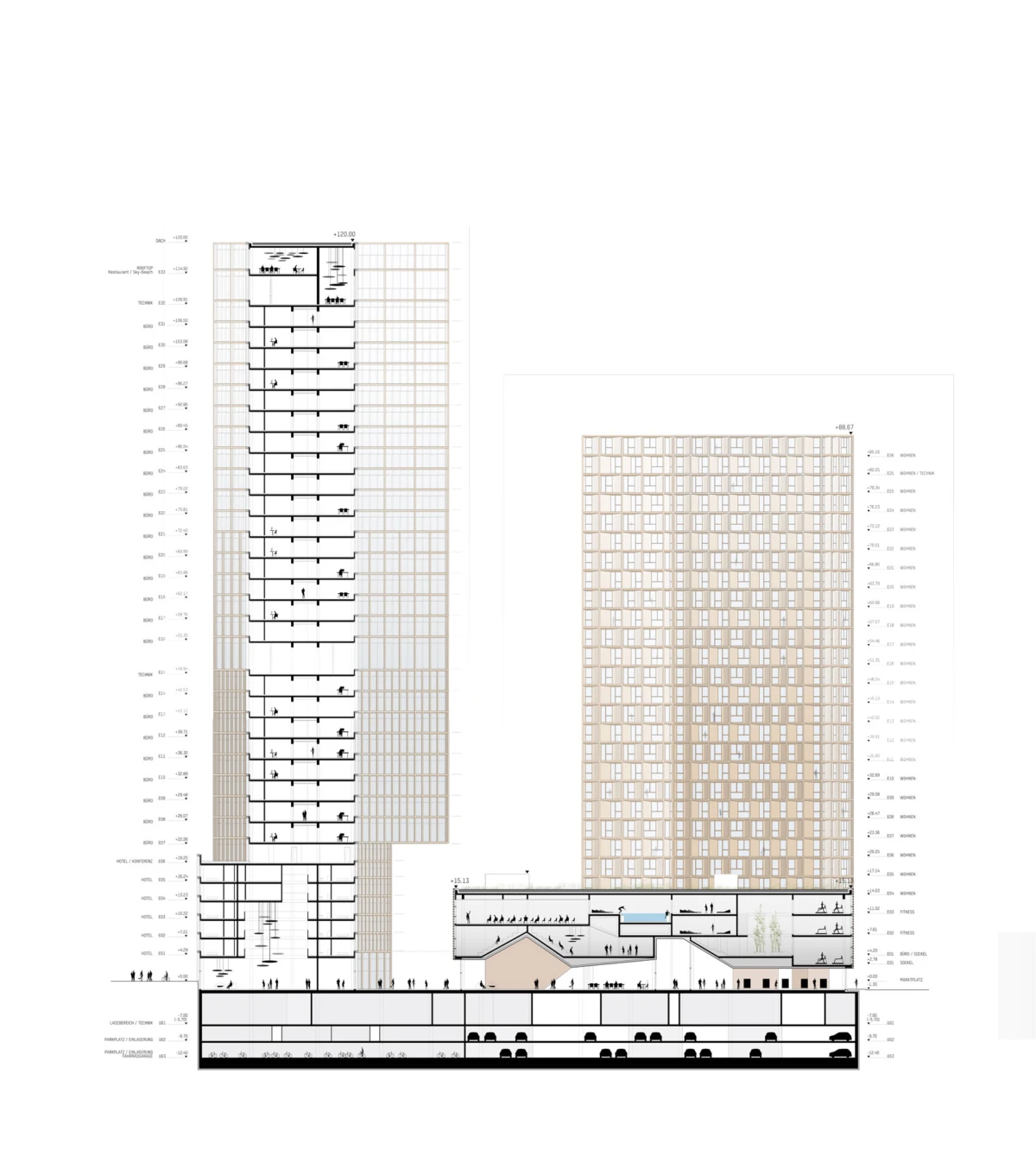 Architectural elevation of a mixed-use high-rise complex with two towers and a podium.
