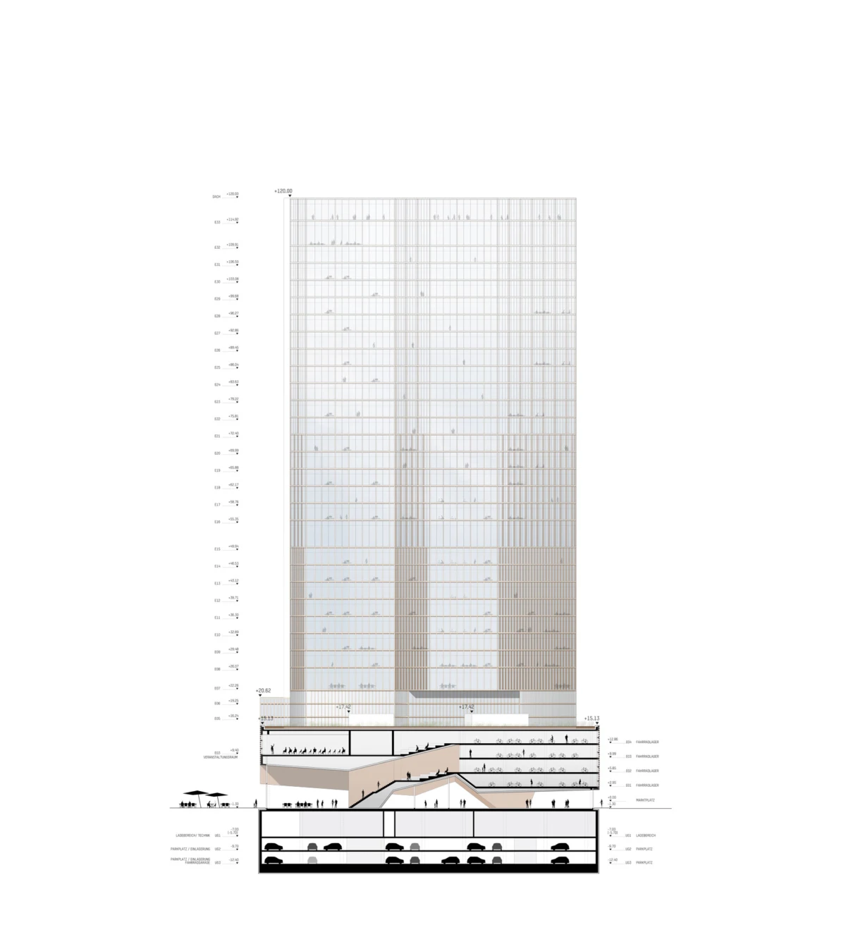 Cross-section of a high-rise office skyscraper showing podium, multiple floors, and underground parking with pedestrian ramps.