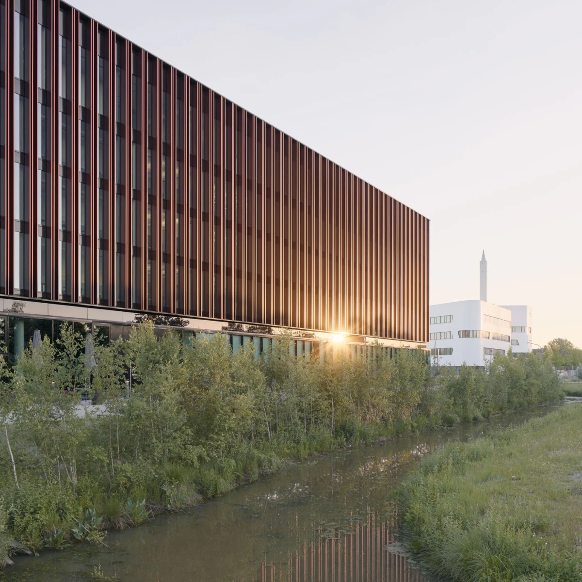 Modern office building with vertical brown slats beside a canal, sunlight on the facade; trees along the water and a white building in background.