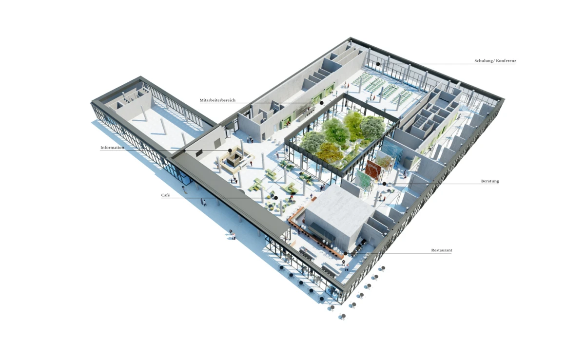 Isometric cutaway of a modern office interior with a central indoor courtyard and labeled zones.