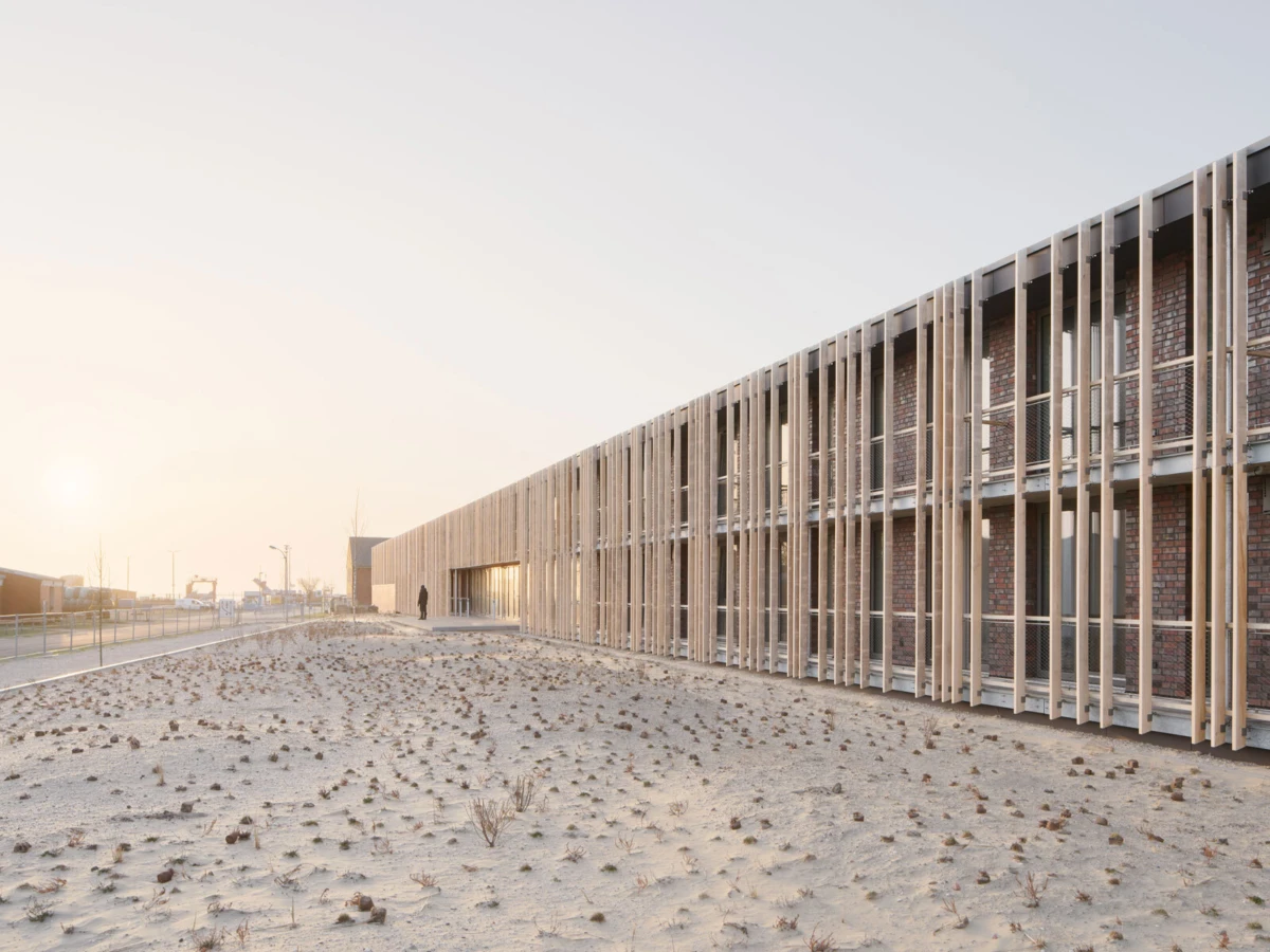 Contemporary brick building with vertical wooden slats; arid foreground with sparse shrubs, a person walking toward the entrance at sunset.