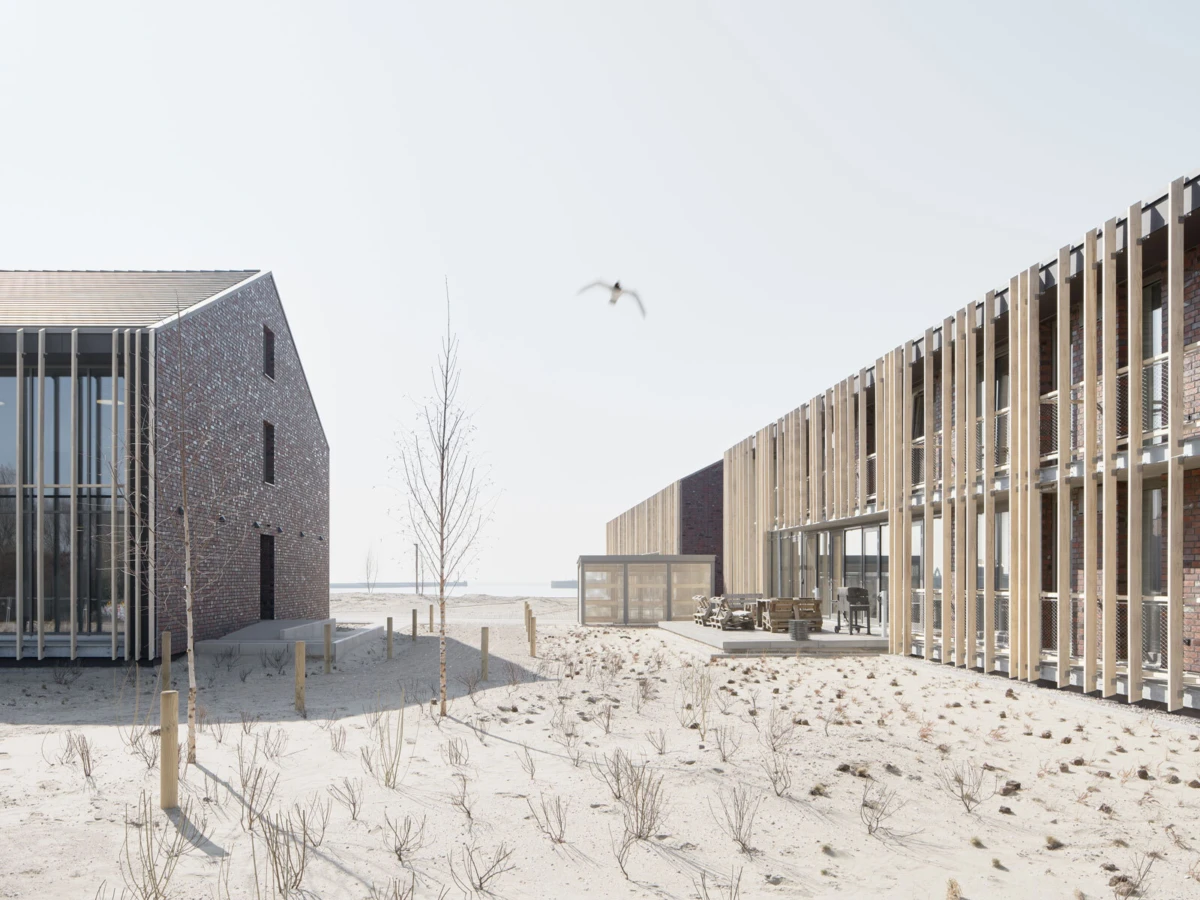 Two modern brick-and-wood buildings flank a sandy courtyard; leafless trees at center; a bird flies overhead.