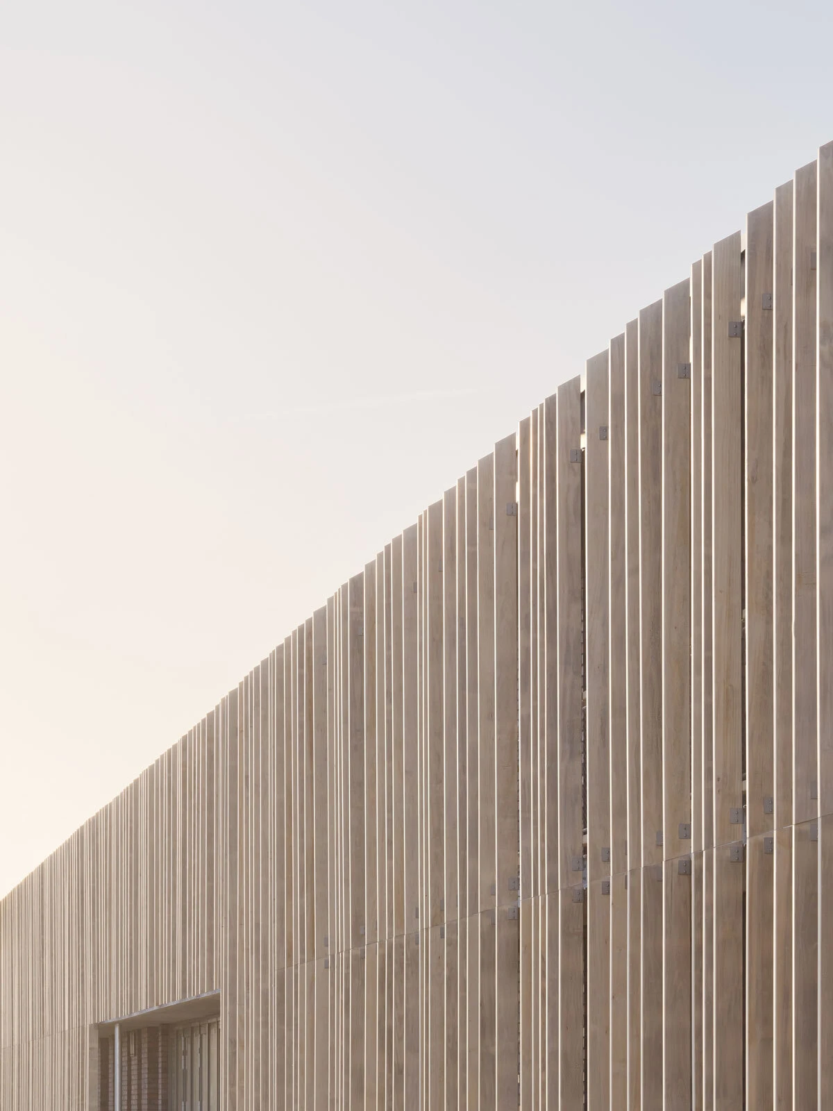 Diagonal view of a tall vertical wooden slat fence along a building against a pale sky.