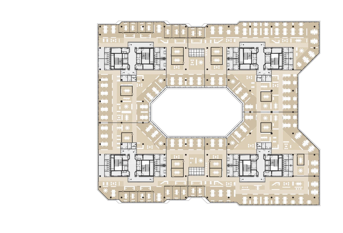 Office floor plan around a central octagonal courtyard; open-plan workstations, meeting rooms, and corridors form a ring.