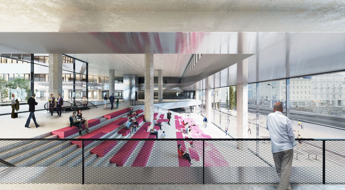 Modern atrium with pink stepped seating; people sit and walk, a person leans on a railing, glass walls overlook the city.