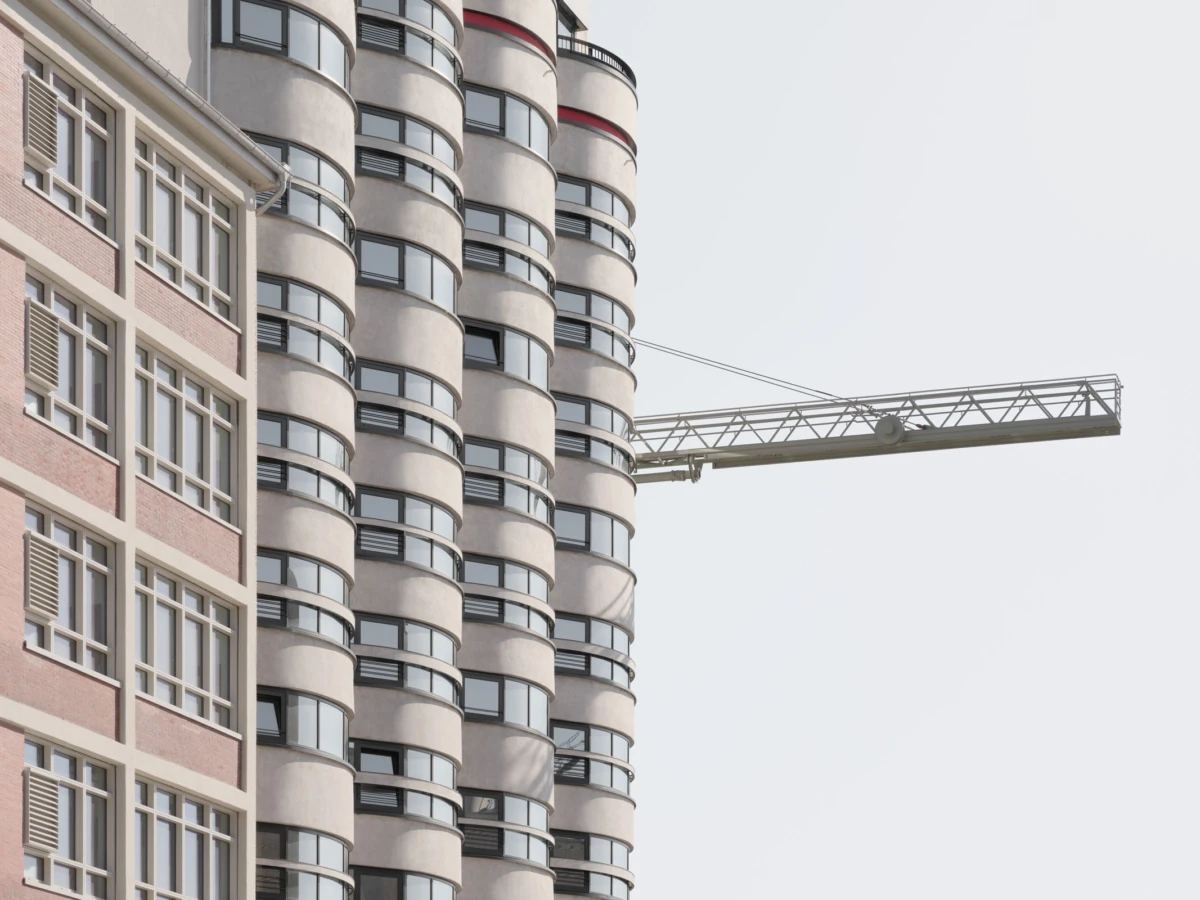 Cylindrical apartment tower with curved balconies under construction; a crane extends across the scene.