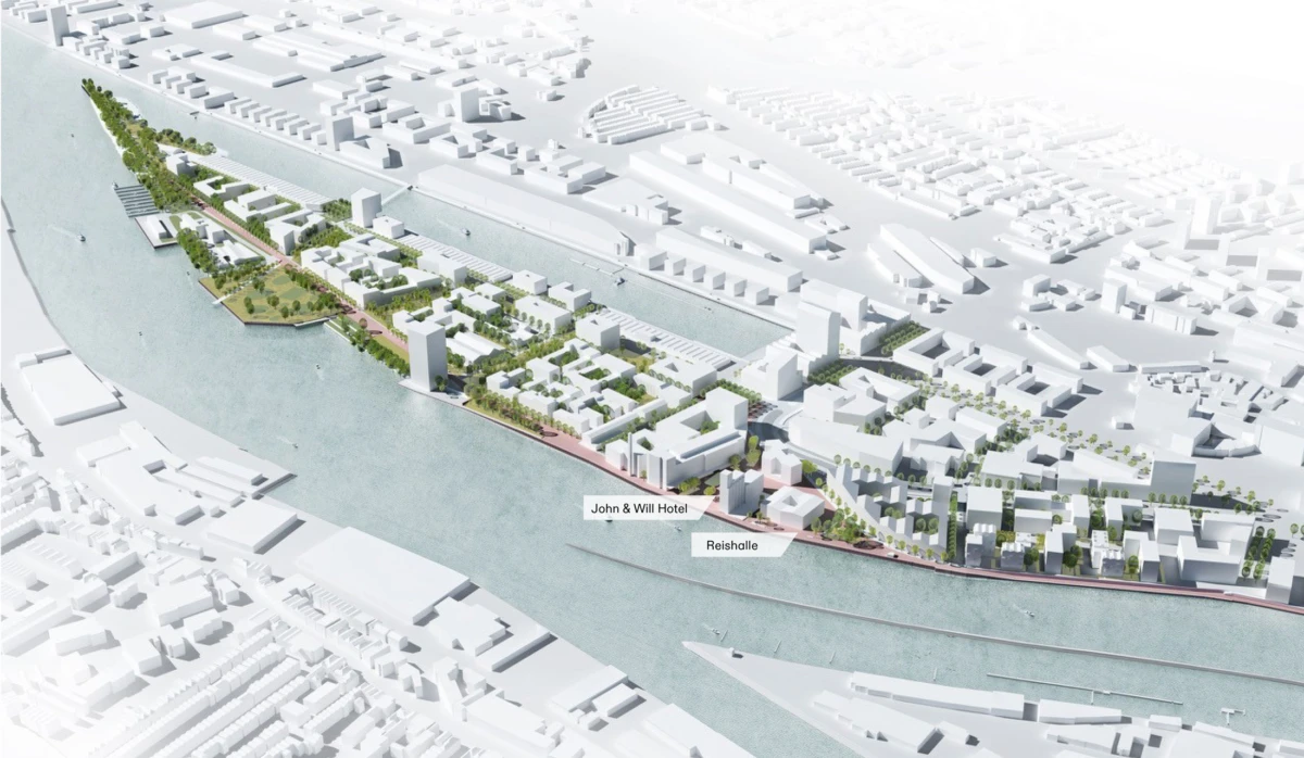 Aerial view of a riverfront urban development with green plazas and modern buildings; labels say John & Will Hotel and Reishalle along the quay.
