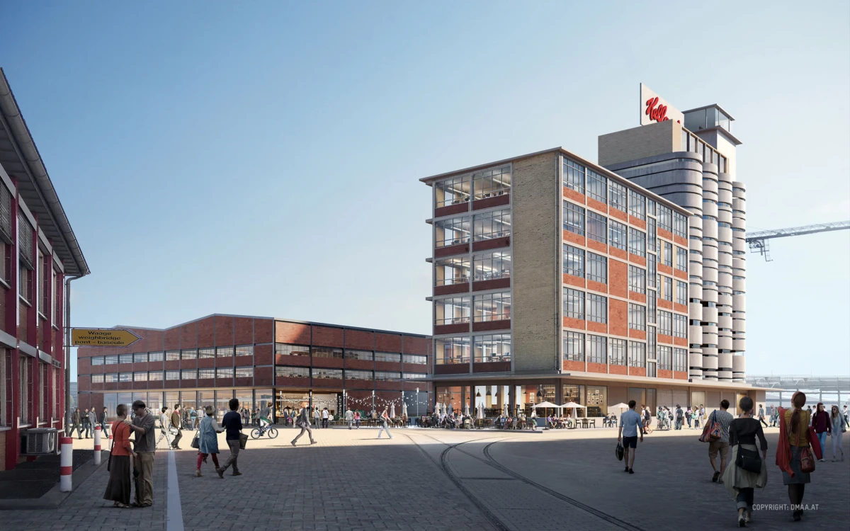 Bustling urban plaza in front of a multi-story brick-and-glass office building; pedestrians mingle, dine, and cycle.