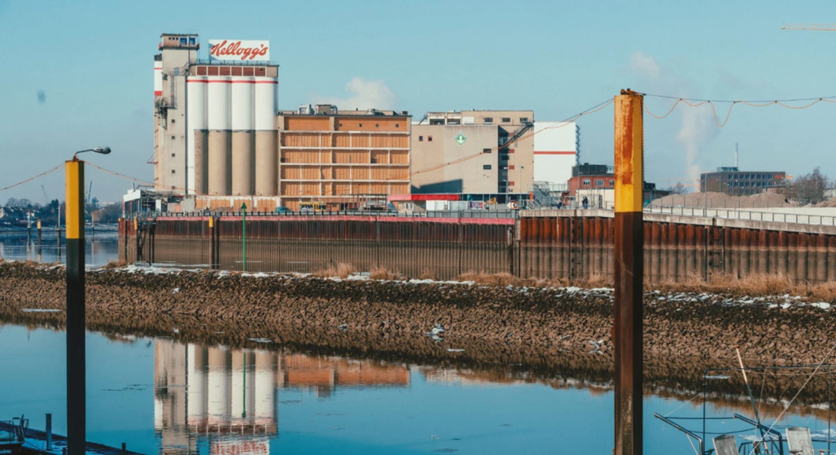 Kellogg's grain-processing factory on a riverfront, with tall silos, rusted posts, and reflections in the water.