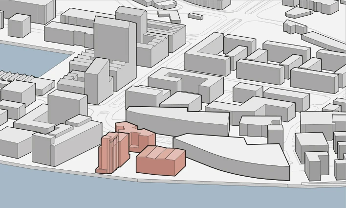 Isometric 3D city model featuring a red-pink building cluster along the waterfront among gray blocks.
