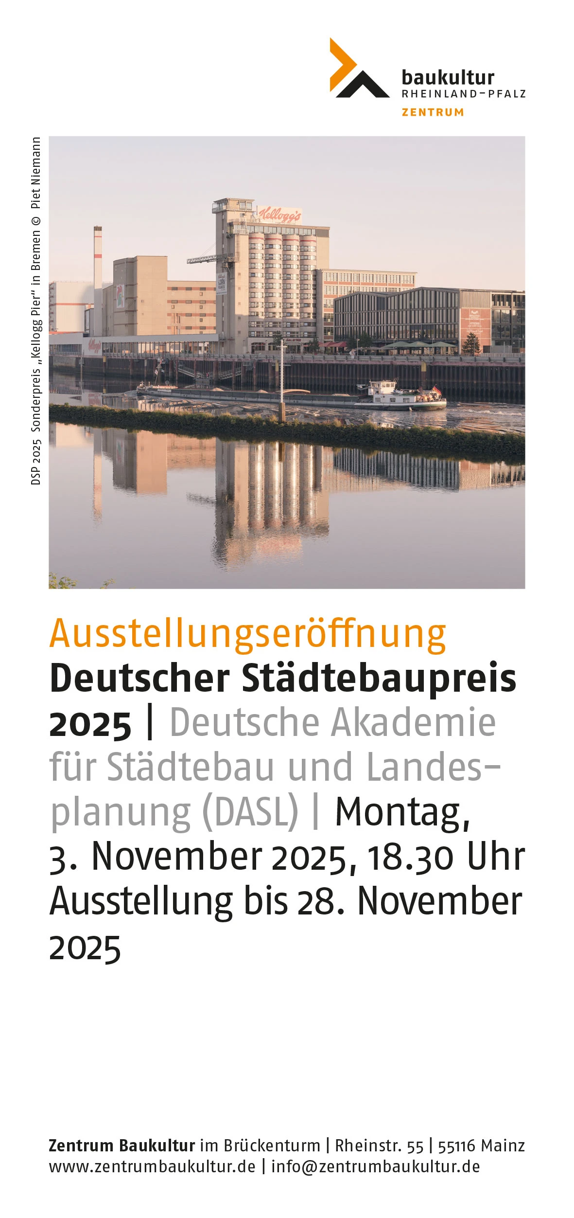 Poster for the 2025 Deutscher Städtebaupreis exhibition opening; riverfront industrial buildings.