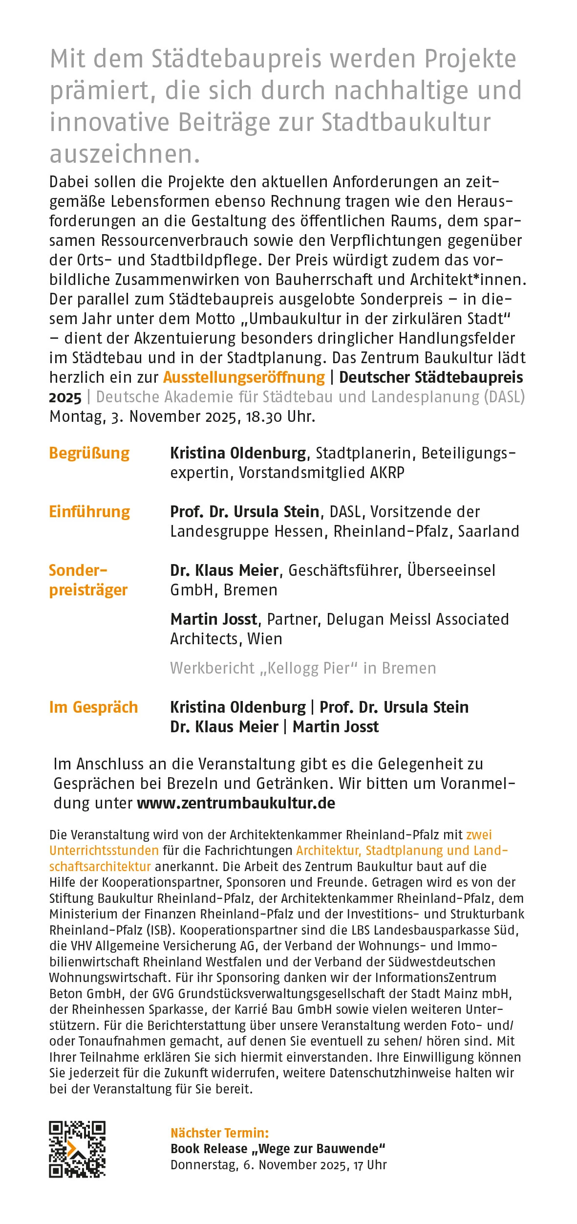 Poster for Deutscher Städtebaupreis 2025: exhibition and panel talks on urban design.