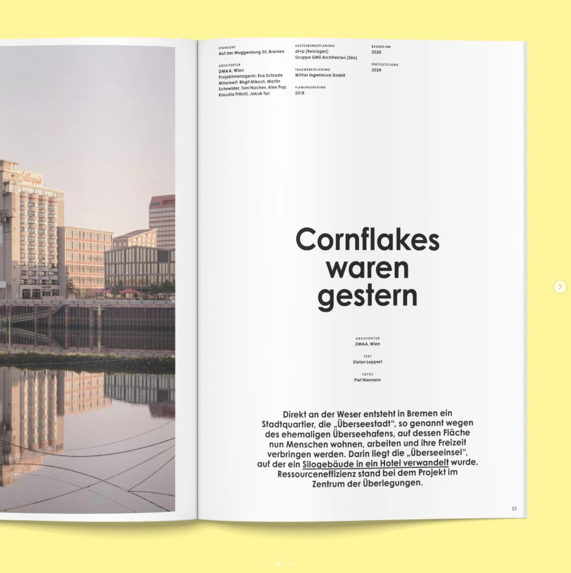 Open magazine spread: left page shows a riverside cityscape with reflections; right page features bold German headline Cornflakes waren gestern.