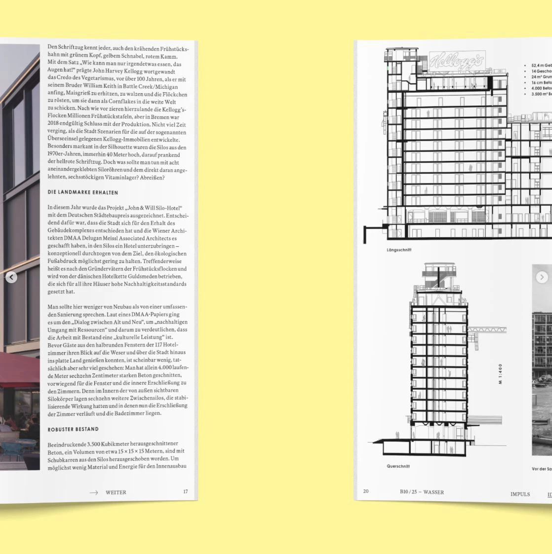 Open magazine spread on yellow background: left page dense German article, right page building elevation and cross-section.