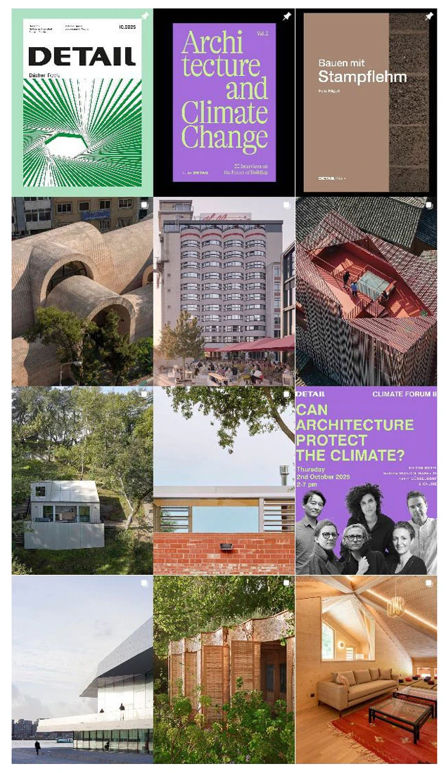 Collage of architecture-themed images: design posters at top and photos of buildings, courtyards, and interiors in urban and campus settings.